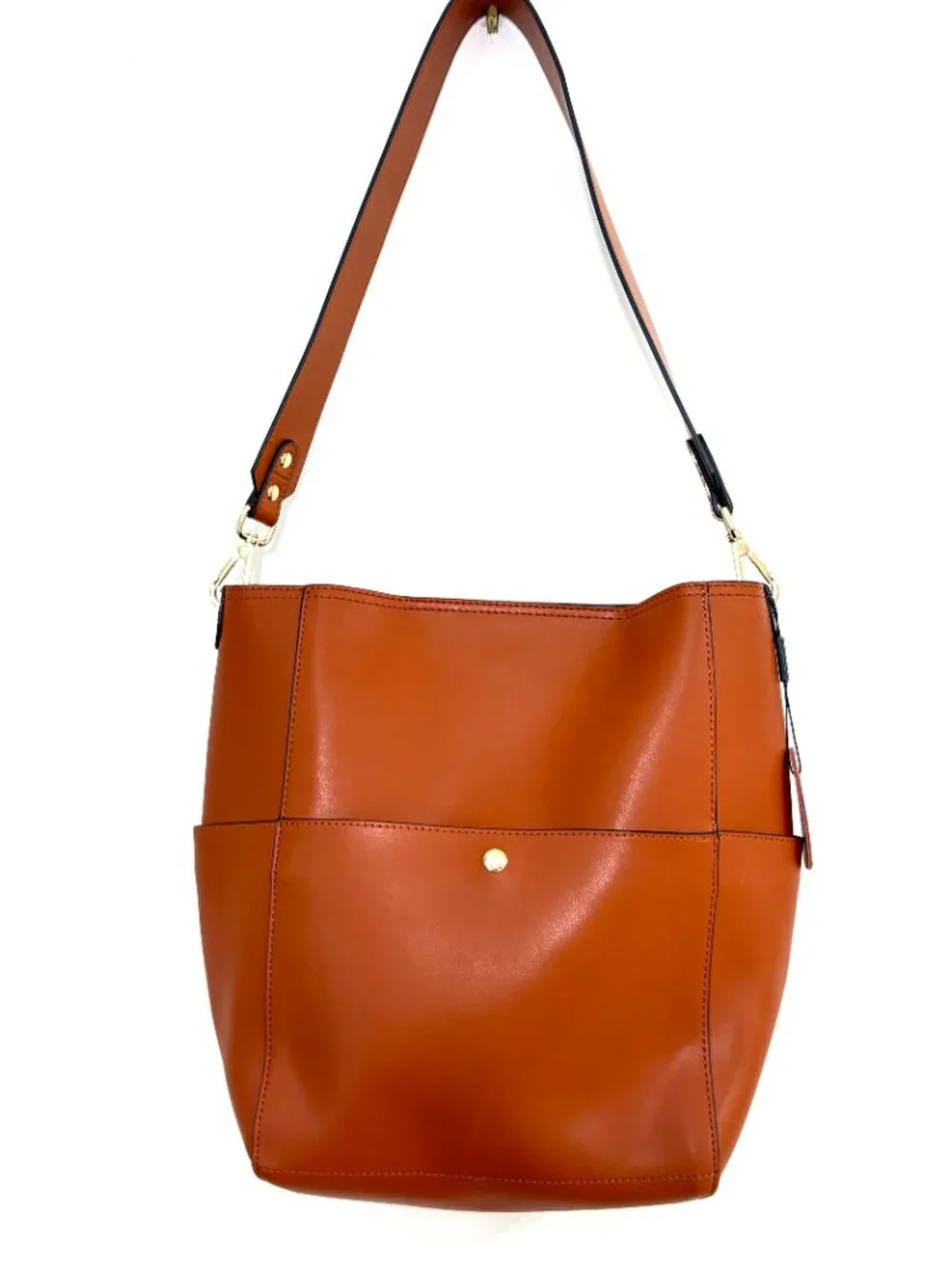 BOSTANTEN Genuine Leather Hobo Bucket Shoulder Bag Cognac Brown Gold Hardware